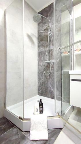 a shower with a glass door in a bathroom at 1BR ultracentral Chișinău in Chişinău