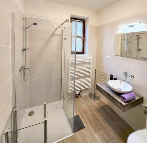 a bathroom with a glass shower and a sink at Wellness Penzion Lázně Jablonec in Jablonec nad Nisou