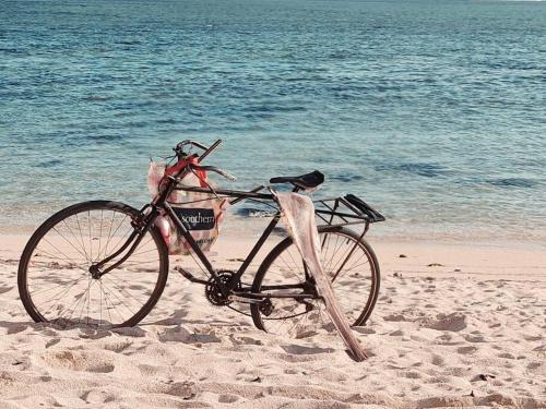 una bicicletta parcheggiata sulla spiaggia vicino all'acqua di Vacation Beach House South of Mauritius - Riambel a Riambel