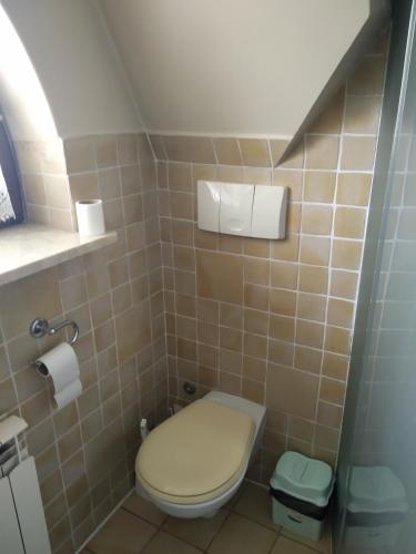a small bathroom with a toilet and a sink at zielony zakątek in Nowy Targ