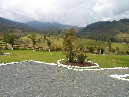 a flower bed in the middle of a gravel road at Hotel Bariloche in Santa Rosa de Cabal