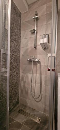 eine Dusche im Bad mit Glastür in der Unterkunft Luxury Green & Modern Apartment in Skopje