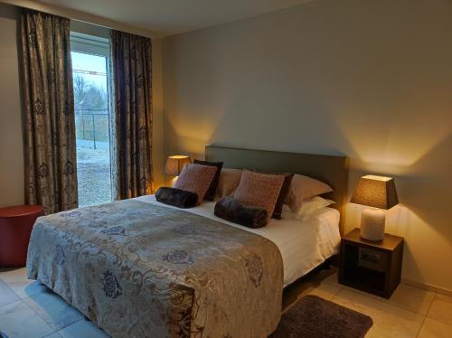 a bedroom with a bed with two pillows and a window at B&B de Taller-Hoeve in Maasmechelen