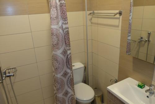 a bathroom with a toilet and a shower curtain at Bright & Comfy Apartments near the beach in Kos Town
