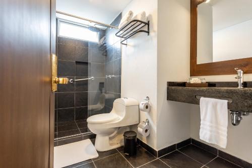 a bathroom with a toilet and a sink at Hotel Carretero in Manizales