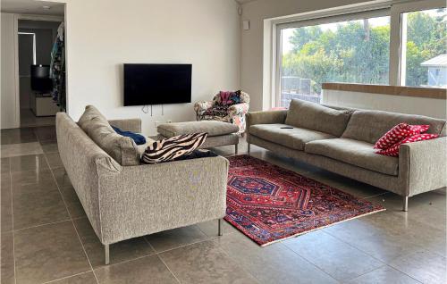 ein Wohnzimmer mit 2 Sofas und einem Flachbild-TV in der Unterkunft Beautiful Home In Skivarp With House Sea View in Skivarp