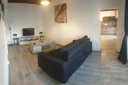 uma sala de estar com um sofá preto e uma televisão em Maison de village au bord de l'Indre au calme em Avoine