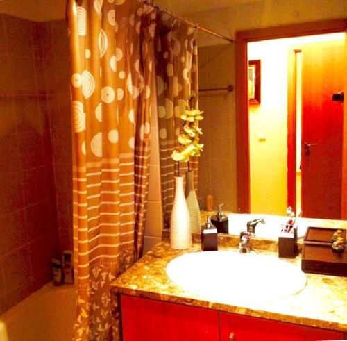 La salle de bains est pourvue d'un lavabo et d'un rideau de douche. dans l'établissement Luxury Lisbon Apartment. With Air Con., à Lisbonne