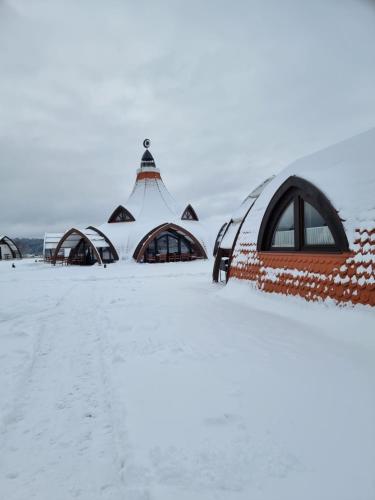 Un groupe de dômes dans la neige dans l'établissement Hunnia - Huntanya, à Vlăhiţa