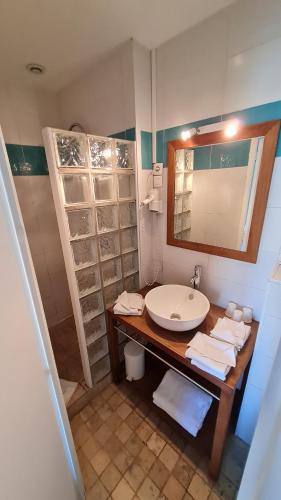 W łazience znajduje się umywalka i lustro. w obiekcie Constantin w mieście Arles