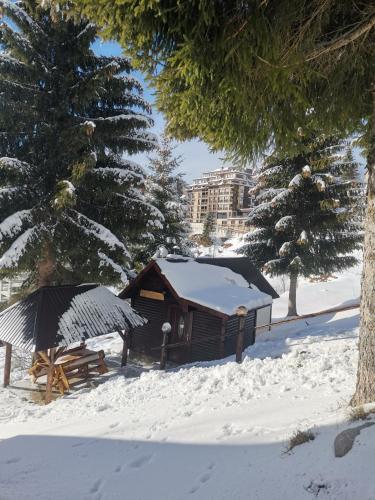 una cabina in legno con neve sul tetto nella neve di Vikendica Čeperković #2 a Kopaonik