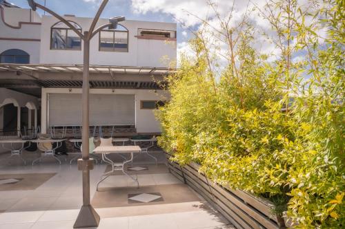 an outdoor patio with tables and chairs and trees at Hotel SanJo in San José Iturbide