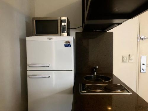 una pequeña cocina con microondas encima de una refrigerador en Departamento Monoambiente Puerto Madero y Retiro en Buenos Aires