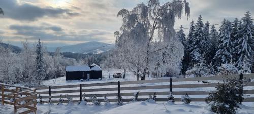 a barn covered in snow next to a fence at Level780 in Koszarawa