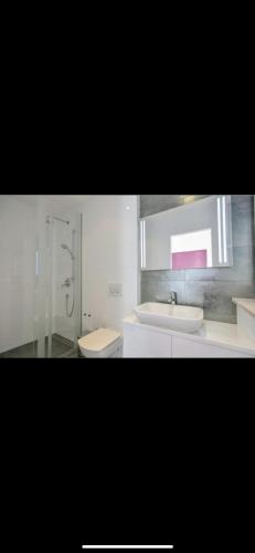 une salle de bain avec un lavabo, une douche et des toilettes dans l'établissement Villa White Pearl in Slivno, à Slivno