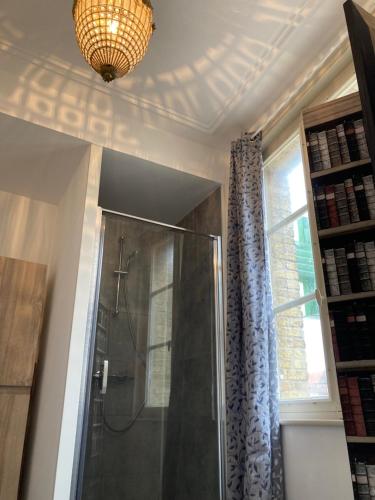 ein Bad mit einer Dusche und einem Kronleuchter in der Unterkunft au 33 chambres d'hôtes in Saint-Omer