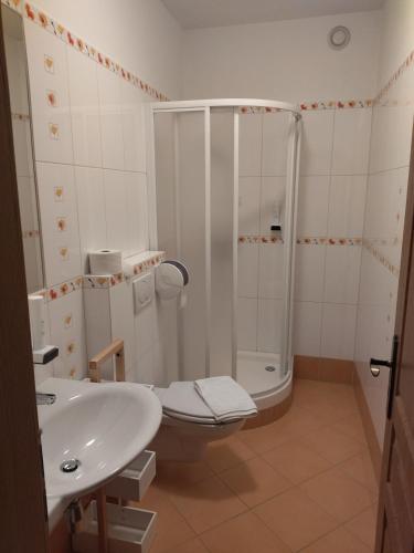 y baño con ducha, aseo y lavamanos. en Penzion Joštovka en Jihlava