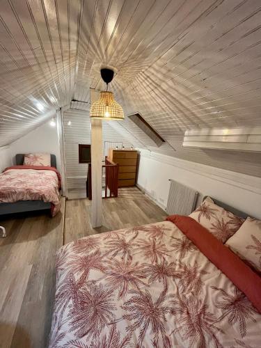 een slaapkamer met 2 bedden en een kroonluchter bij Super appartement chaleureux à 30min de Paris in Gagny