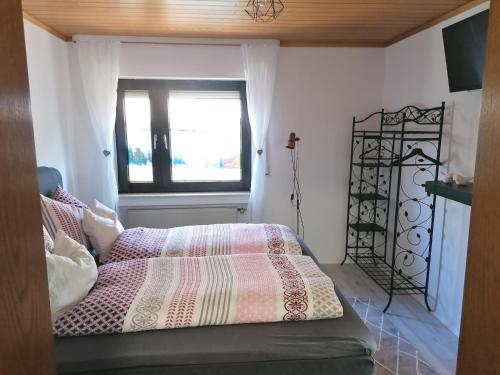 - une chambre avec un lit et une fenêtre dans l'établissement Ferienwohnung Christine mit Sauna und Whirlpool, à Utzerath