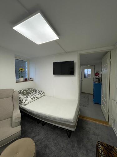 a room with a bed and a couch and a television at BRABO in Landskrona