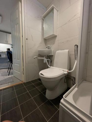 a bathroom with a toilet and a sink and a tub at BRABO in Landskrona