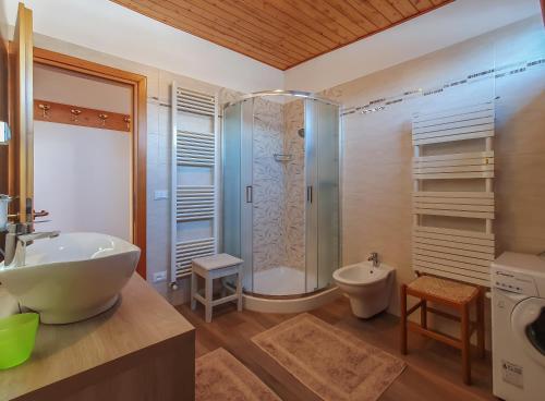bagno con doccia, lavandino e servizi igienici di Piccola Suite sul Civetta a Colle Santa Lucia