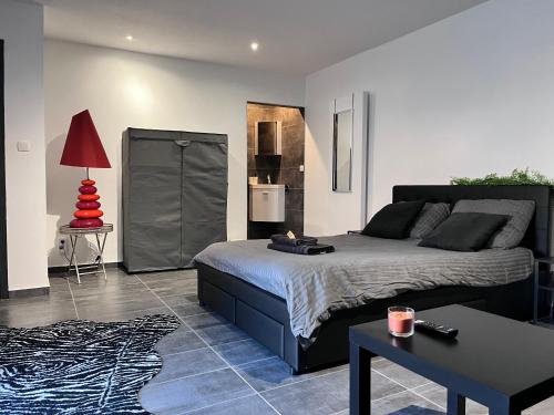 a bedroom with a bed and a living room at Chambre studio tout confort in Boussu