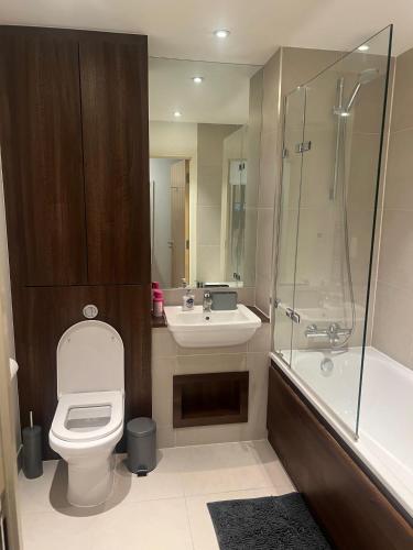 y baño con aseo, lavabo y ducha. en Stunning 1 bedroom Apartment in Croydon en Croydon