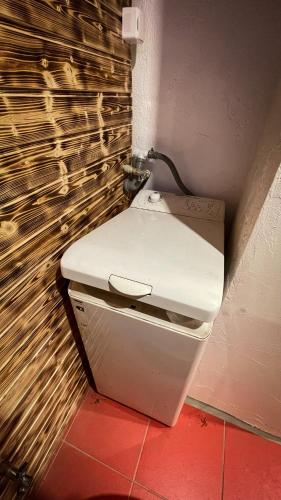 a white toilet in a corner of a room at CHATA VÁCLAV ÚDOLÍČKO in Perštejn
