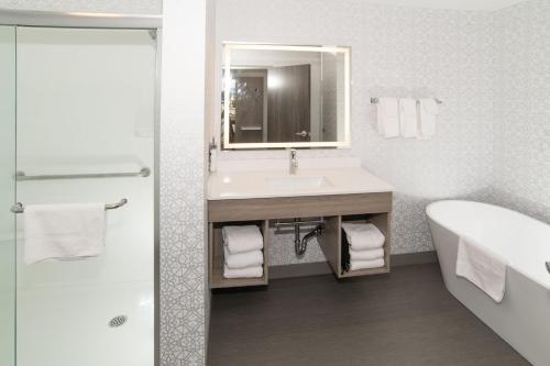a bathroom with a sink and a tub and a mirror at Holiday Inn Express & Suites - Moose Jaw by IHG in Moose Jaw