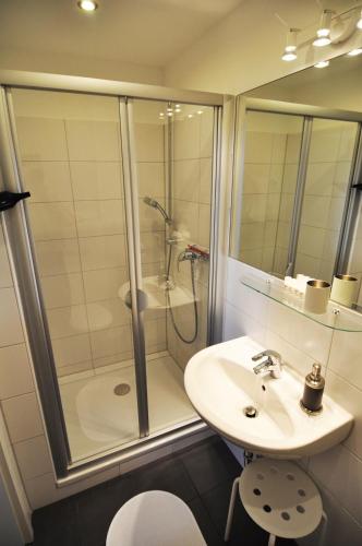 a bathroom with a shower and a sink and a toilet at Wertschätzer II - Unter der Wehme in Detmold