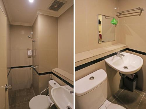 two pictures of a bathroom with a toilet and a sink at Super OYO Townhouse OAK Hotel Fiducia Serpong in Serpong