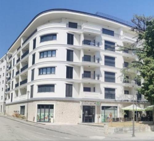 - un grand bâtiment blanc dans une rue de la ville dans l'établissement Apartman CENTAR NEVA, à Trebinje