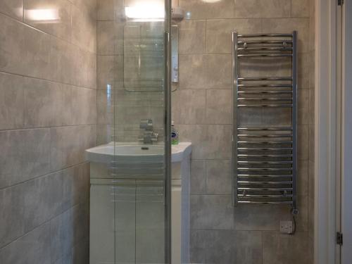 a bathroom with a sink and a glass shower at Lleifior in Dolgellau