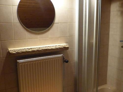 een badkamer met een douche en een spiegel aan de muur bij Pleasant Apartment in Zenting with Garden in Zenting