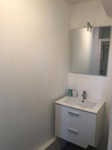 a bathroom with a white sink and a mirror at Appartement Rosendael proximité plage Malo les bains in Dunkerque