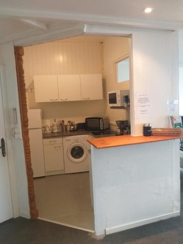 a kitchen with a counter and a washer and dryer at Appartement Rosendael proximité plage Malo les bains in Dunkerque