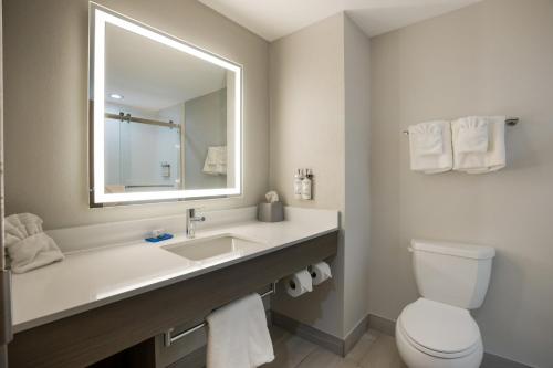 a bathroom with a sink and a toilet and a mirror at Holiday Inn Express Hotel & Suites Perry by IHG in Perry