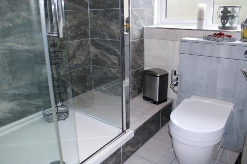 a bathroom with a shower and a toilet at Stylish 4-Bedroom House near NEC/BHX in Solihull