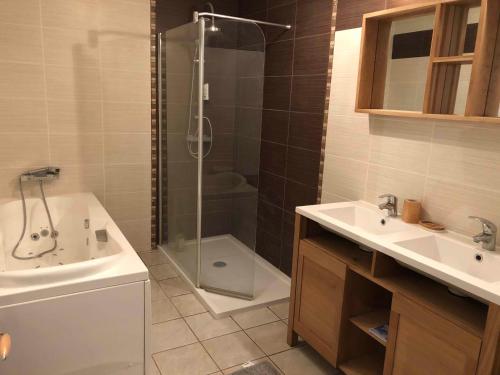 a bathroom with a shower and a sink and a tub at Gîte du vieux moulin in Ravilloles