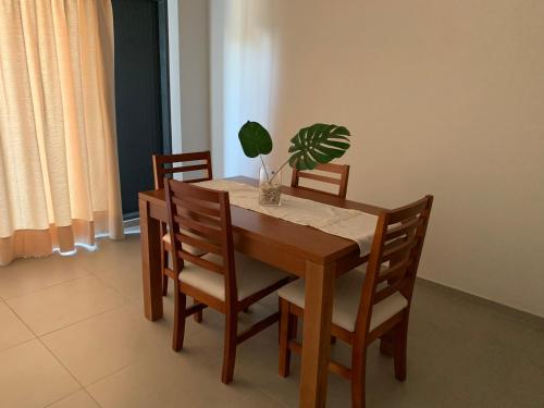 a dining room table with four chairs and a potted plant at Bosques de mayo Departamento 2 in Maipú