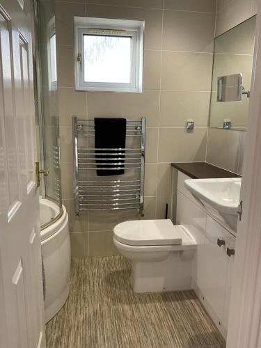 a white bathroom with a toilet and a sink at Newly Renovated 2 Bed house nr Fistral Beach & Gannel Estuary in Newquay