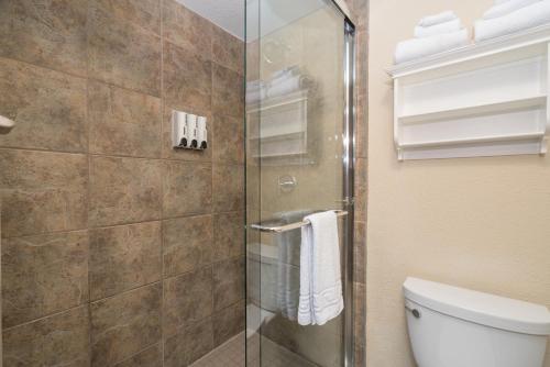 ein Bad mit einer Dusche und einem WC in der Unterkunft Manitou Lodge 8 Hotel Room in Telluride