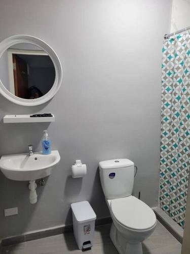 uma casa de banho com um WC, um lavatório e um espelho. em Cozy 1-bedroom apartment close to city center em Willemstad