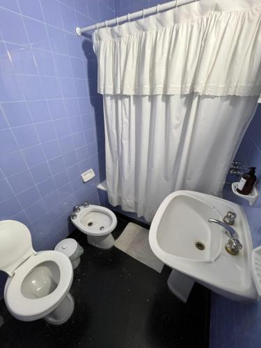 bagno blu con servizi igienici e lavandino di E N Alquileres Temporarios Dpto en el centro con excelente vista a Concordia