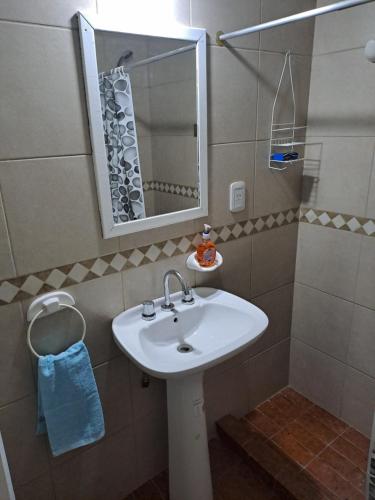 y baño con lavabo blanco y espejo. en La colonial en Mendoza