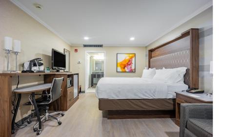 een hotelkamer met een bed, een bureau en een computer bij Holiday Inn Plainview-Long Island, an IHG Hotel in Plainview