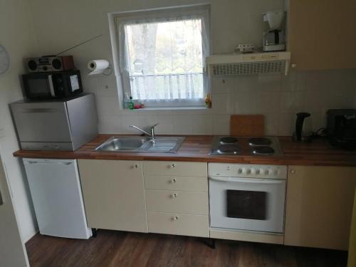 a kitchen with a sink and a stove top oven at Ferienhaus Brise Ostsee in Kalkhorst
