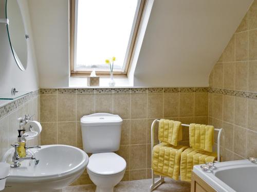 a bathroom with a toilet and a sink and a window at Honey Cottage in Newland