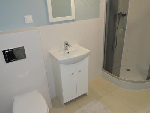 a bathroom with a sink and a toilet and a shower at Holiday home in Wiselka in Wisełka